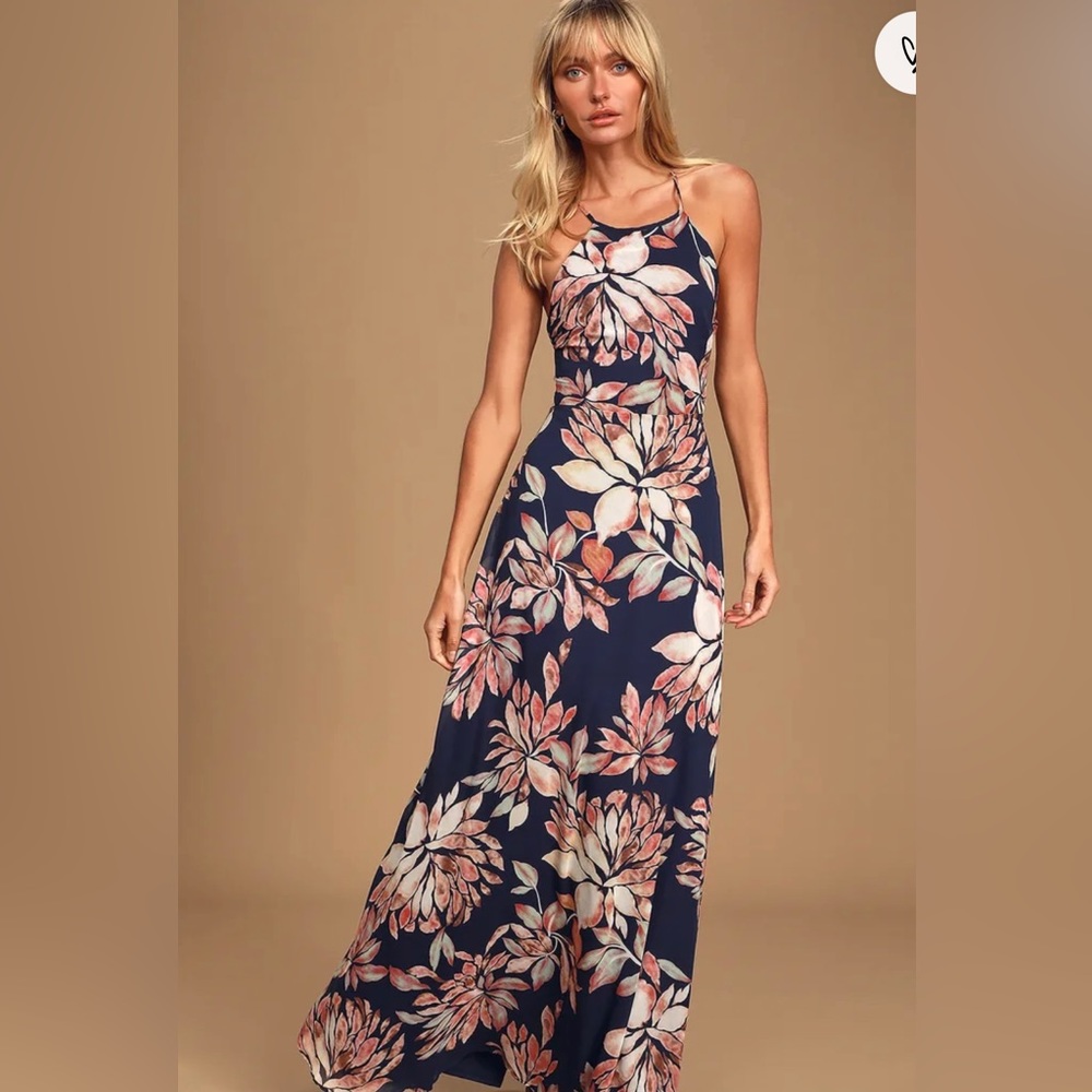 Lulus Adventure Seeker Navy Blue Floral Print Maxi Dress, Small.